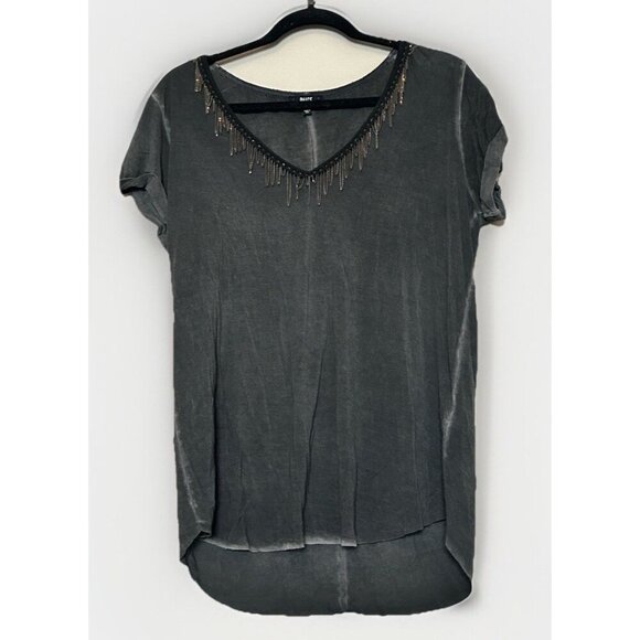 PAIGE Black Gunmetal Tshirt Short Sleeve Top With Metal Fringe V Neck Size Large - Picture 1 of 11